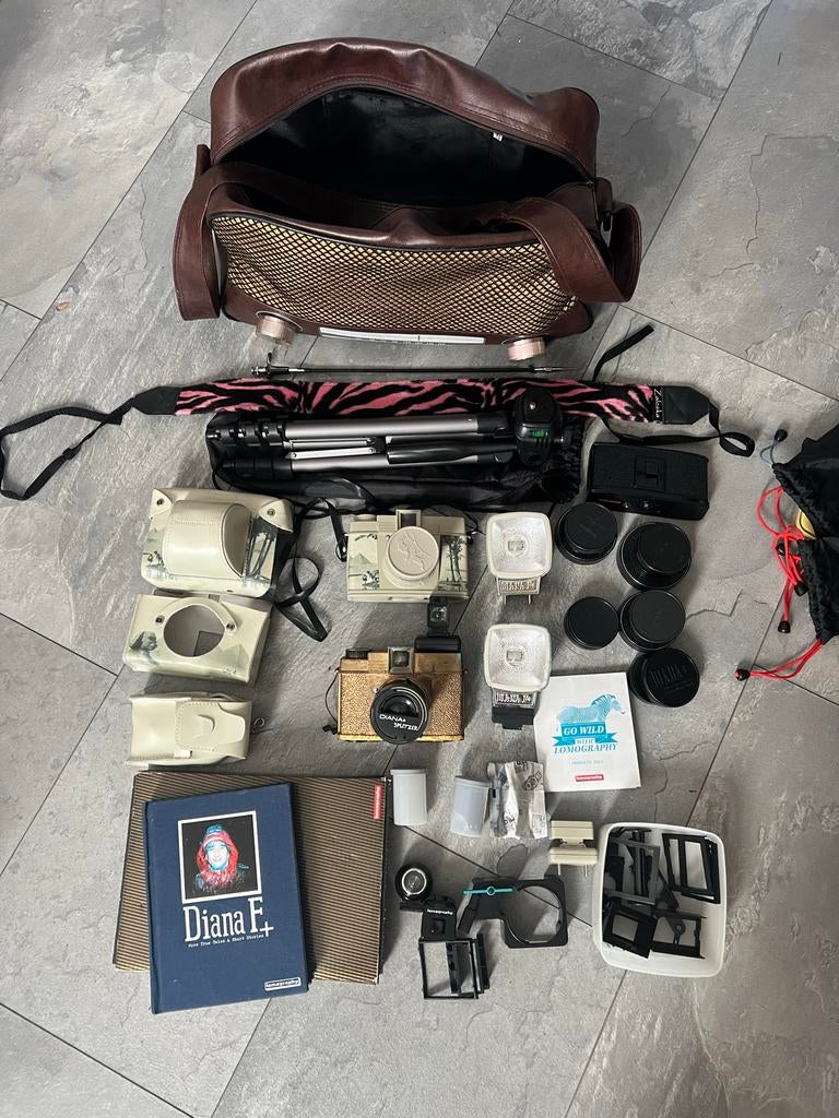Vintage Diana F+ Lomo camera set met accessoires en flitsers, Ophalen of Verzenden, Gebruikt, Compact, Overige Merken