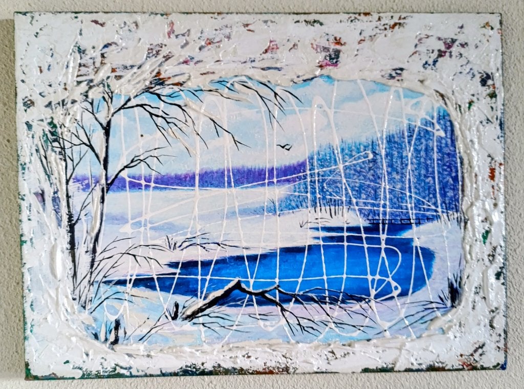 Schilderij Winterlandschap met Reliëf, Landschap, Acrylverf, Gelimiteerde oplage, Ophalen of Verzenden