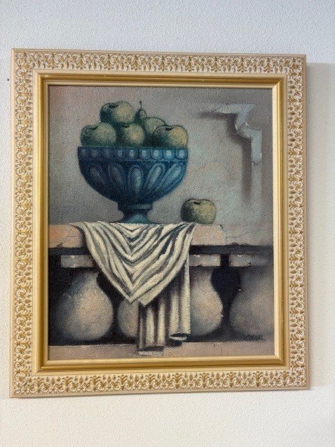 Blauwe schaal met groen fruit, Antiek en Kunst, Kunst | Schilderijen | Klassiek, Ophalen, Doek, Oud hollands, Bijzondere lijst