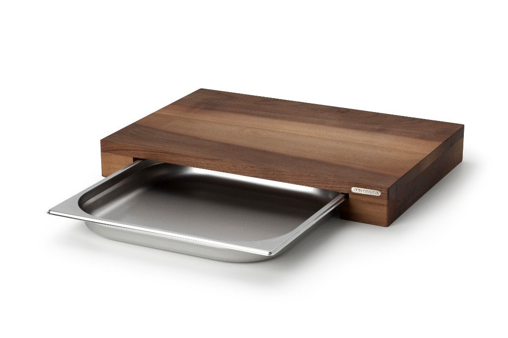 Nieuw | snijplank met inox lade Notelaar 48 x 32,5 x 6 cm, Snij-/serveerplank, Nieuw, Ophalen of Verzenden, Meerkleurig