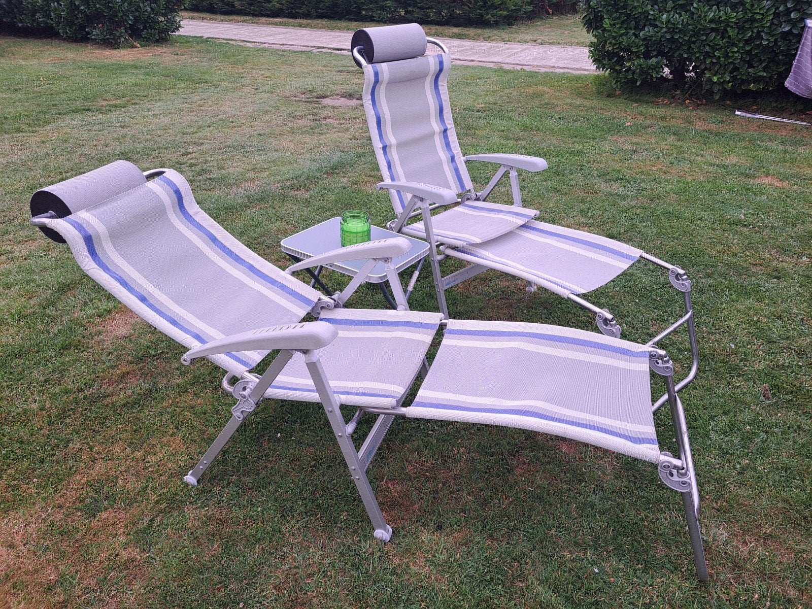 Dukdalf camping stoelen met voetenbank en tafel/krukje, Caravans en Kamperen, Ophalen, Gebruikt, Campingstoel