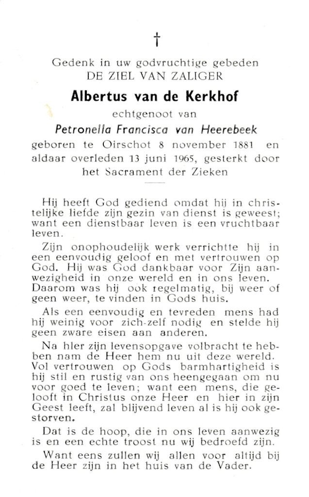 Kerkhof Albertus 1881 Oirschot 1965, Ophalen of Verzenden, Bidprentje