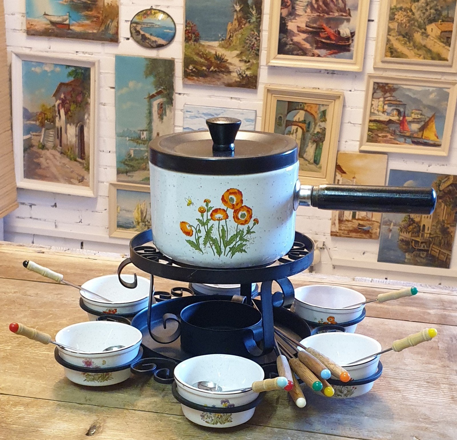 Vintage jaren 70 Wildflower fondueset, Ophalen of Verzenden, Gebruikt, Brander, Fondueset