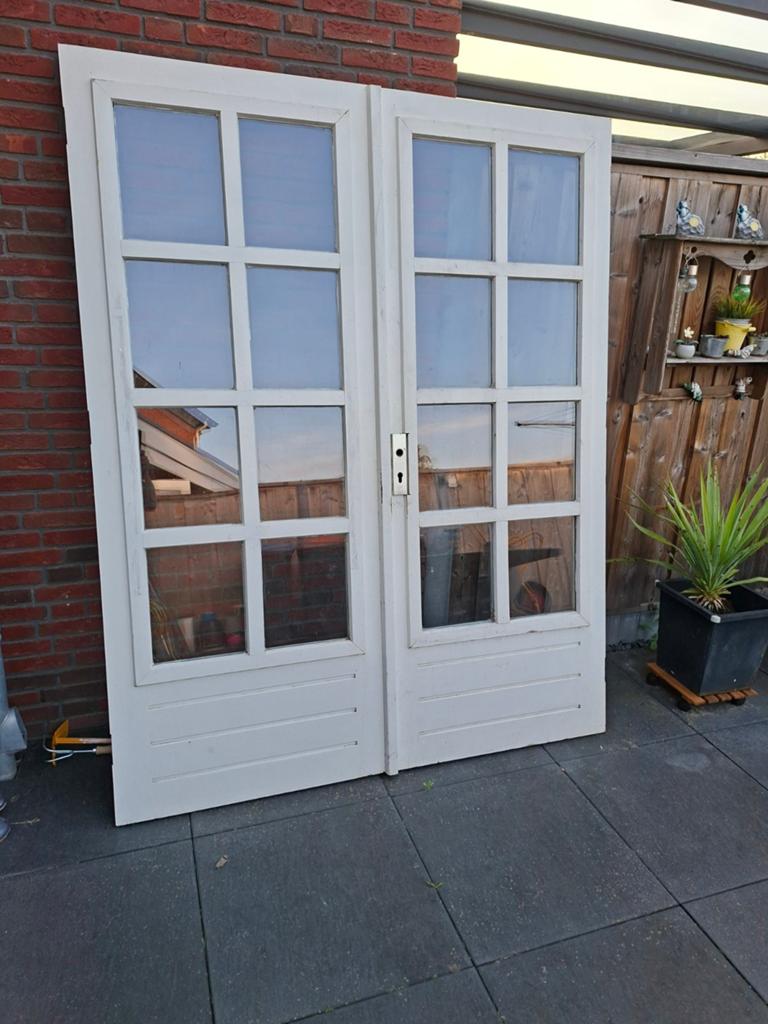 Hardhouten tuindeuren met dubbelglas 167.0 x210.5, Ophalen of Verzenden, Gebruikt, Buitendeur, 200 tot 215 cm