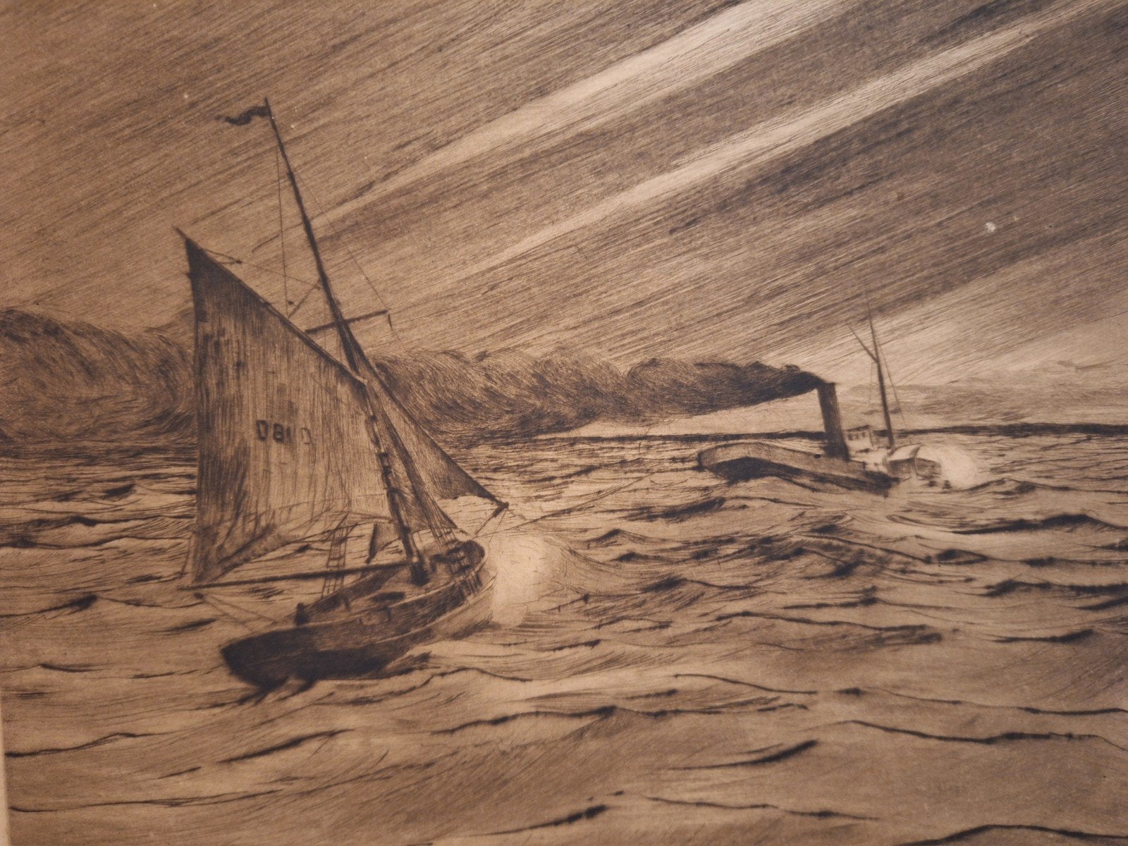 Ets 'Boten op wilde zee' door Coppens, Ophalen of Verzenden, Landschap, Ets, 1900 - 1949