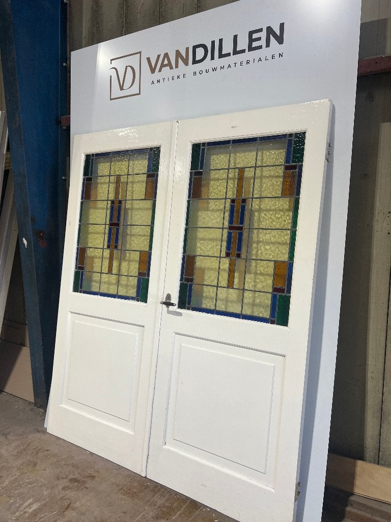 Oude ensuite vouw - klap deuren met glas in lood, Gebruikt, 120 cm of meer, Binnendeur, Ophalen of Verzenden
