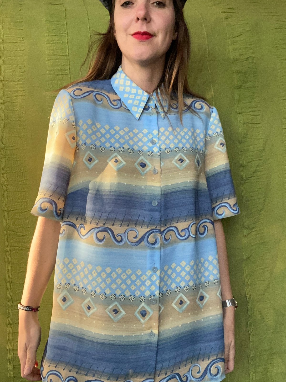 Vintage blouse - print blauw - 42 XL, Hgv, Blauw, Hgv, Maat 42/44 (L)