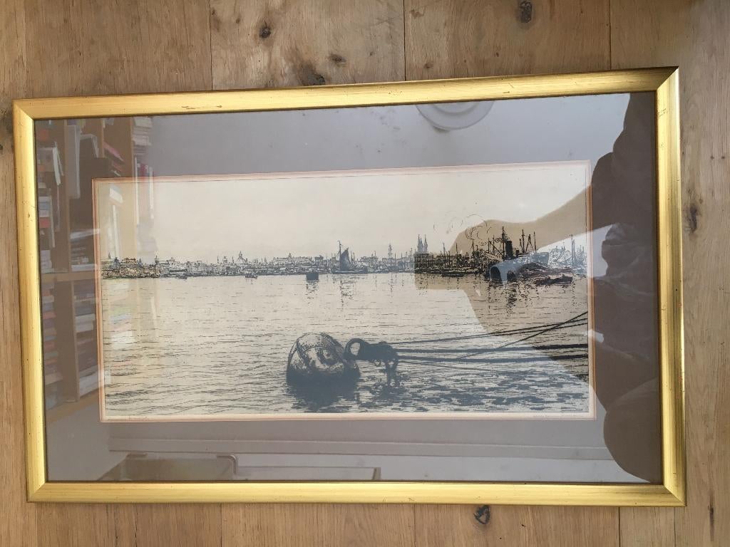 Albert Hemelman (1883-1951). Ets, panorama A'dam vanaf IJ., Antiek en Kunst, Kunst | Etsen en Gravures, Ingelijst, Ets, Stadsgezicht