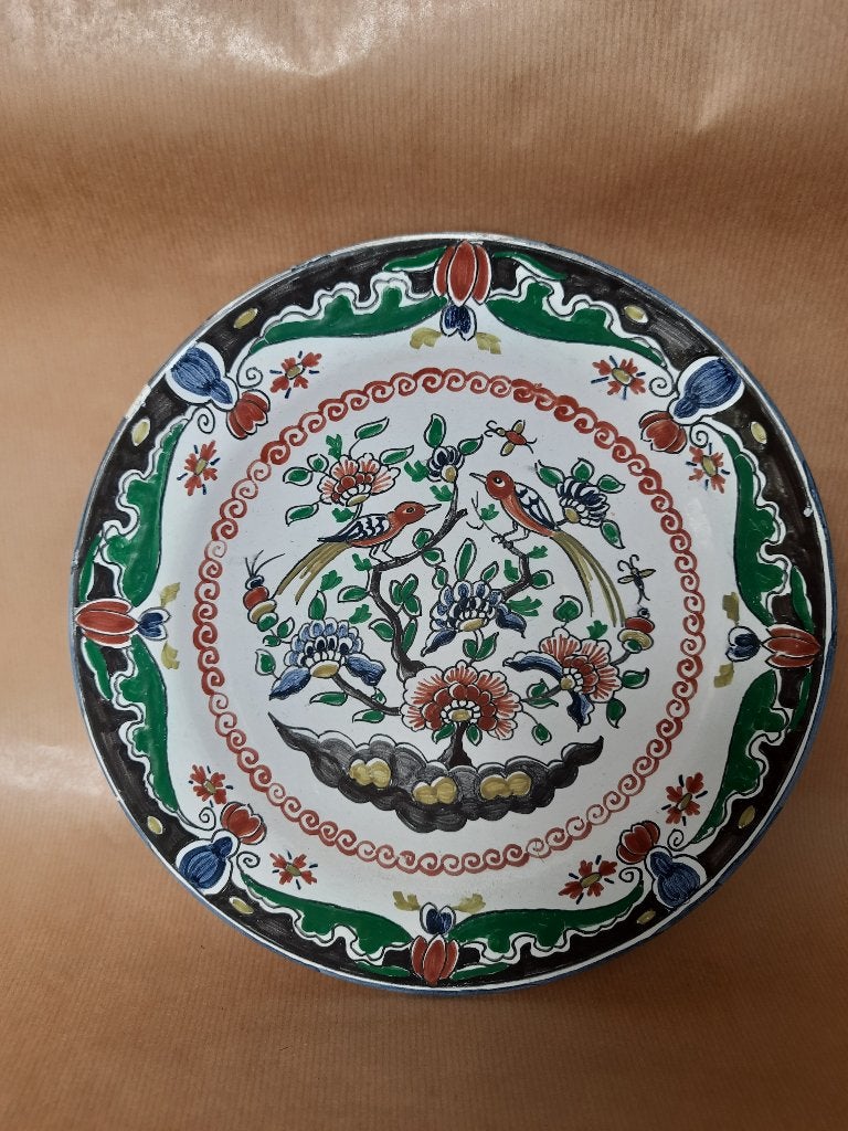 Handgeschilderd polychrome wandbord met vogeldecor, Antiek en Kunst, Ophalen
