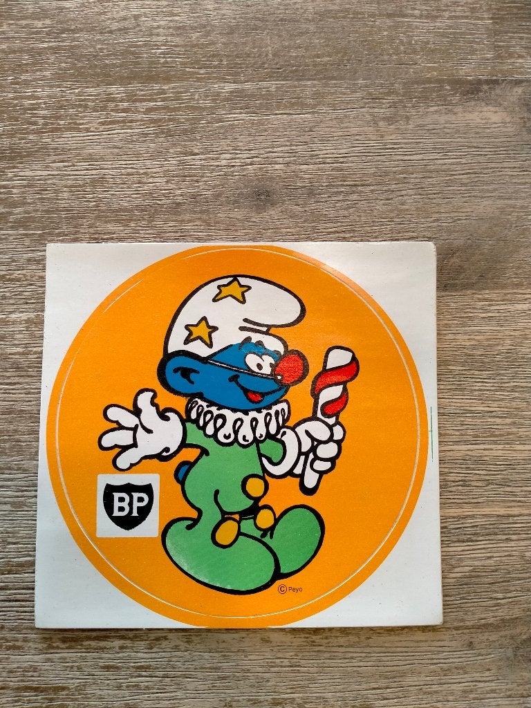Smurfen smurf vintage BP tankstation sticker clown, Ophalen of Verzenden, Zo goed als nieuw, Overige typen