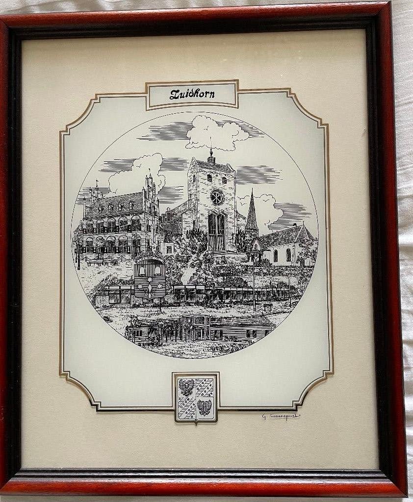 Glasgravure Zuidhorn, Antiek en Kunst, Kunst | Etsen en Gravures, Ophalen, 46 cm, 1950 - 1999, Stadsgezicht