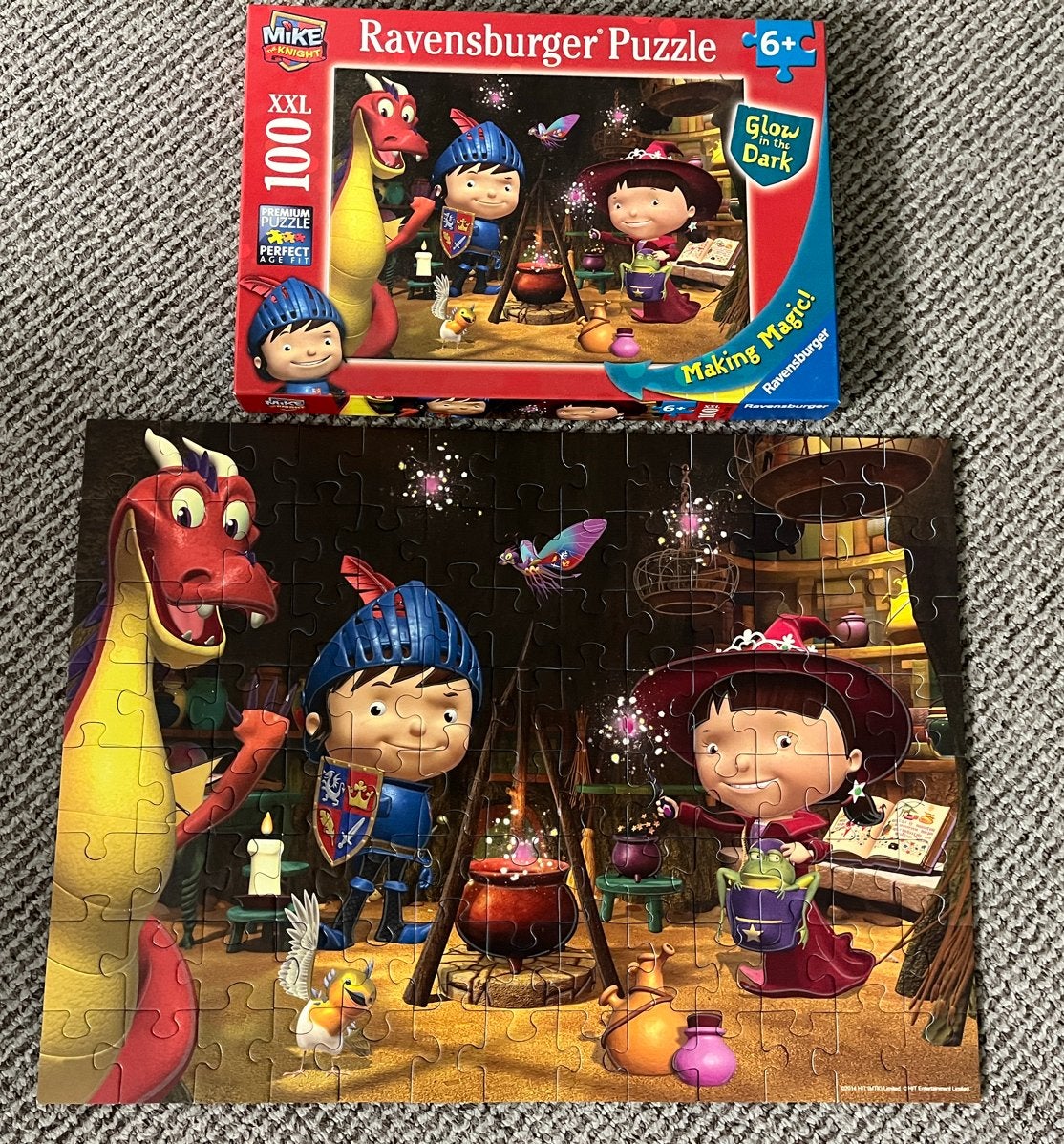 Ravensburger Mike the Knight Glow in the Dark Puzzel 100 XXL, Ophalen of Verzenden, Meer dan 50 stukjes, Gebruikt, 6 jaar of ouder