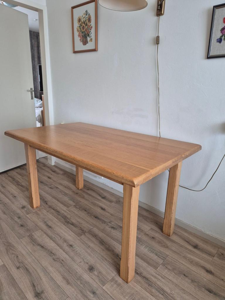 Nette licht eiken houten tafel met verleng stuk, Ophalen of Verzenden, Rechthoekig, 50 tot 100 cm