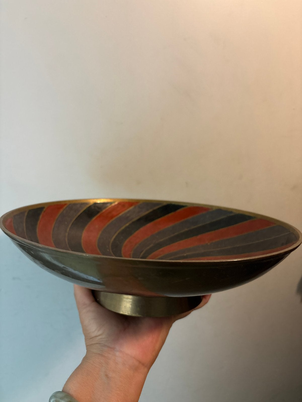 Vintage messing schaal met emaille decoratie, Ophalen of Verzenden
