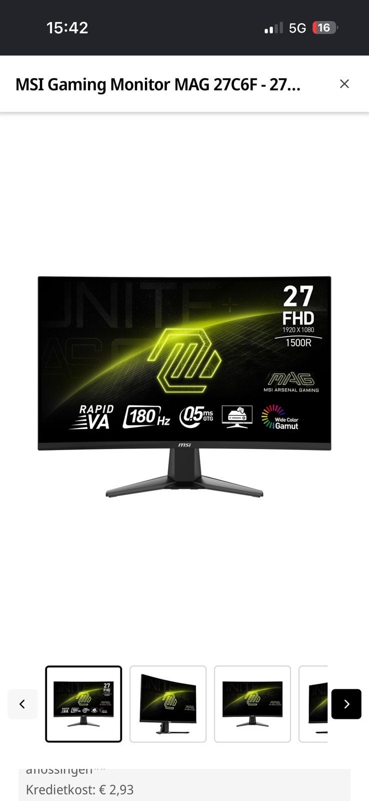 MSI gaming beeldscherm MAG 27C6F, Zo goed als nieuw, Overige typen, Overige resoluties, Ophalen