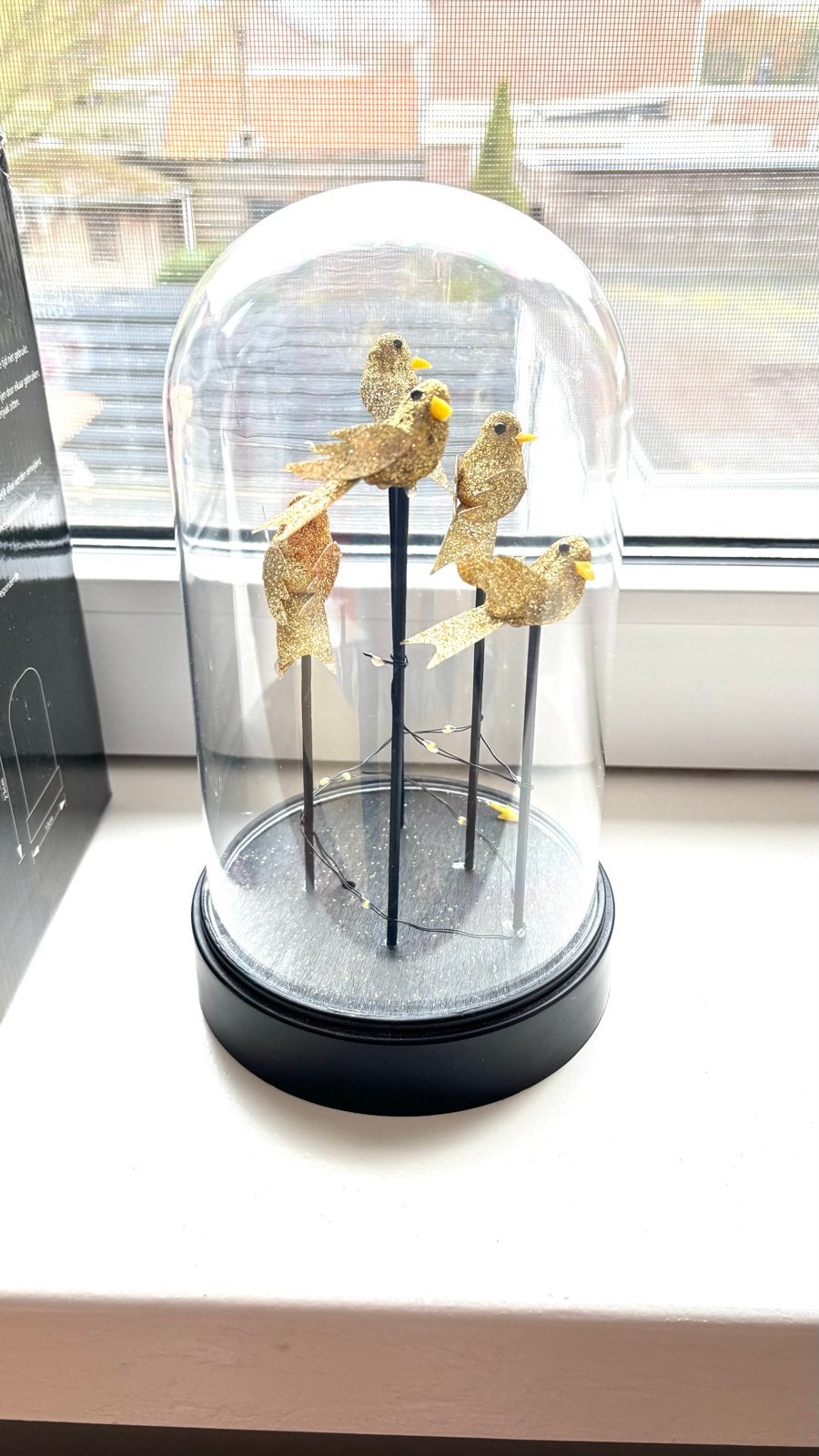 Kerst stolp met LED verlichting en gouden vogels, Nieuw, Ophalen of Verzenden, Glas, Goud