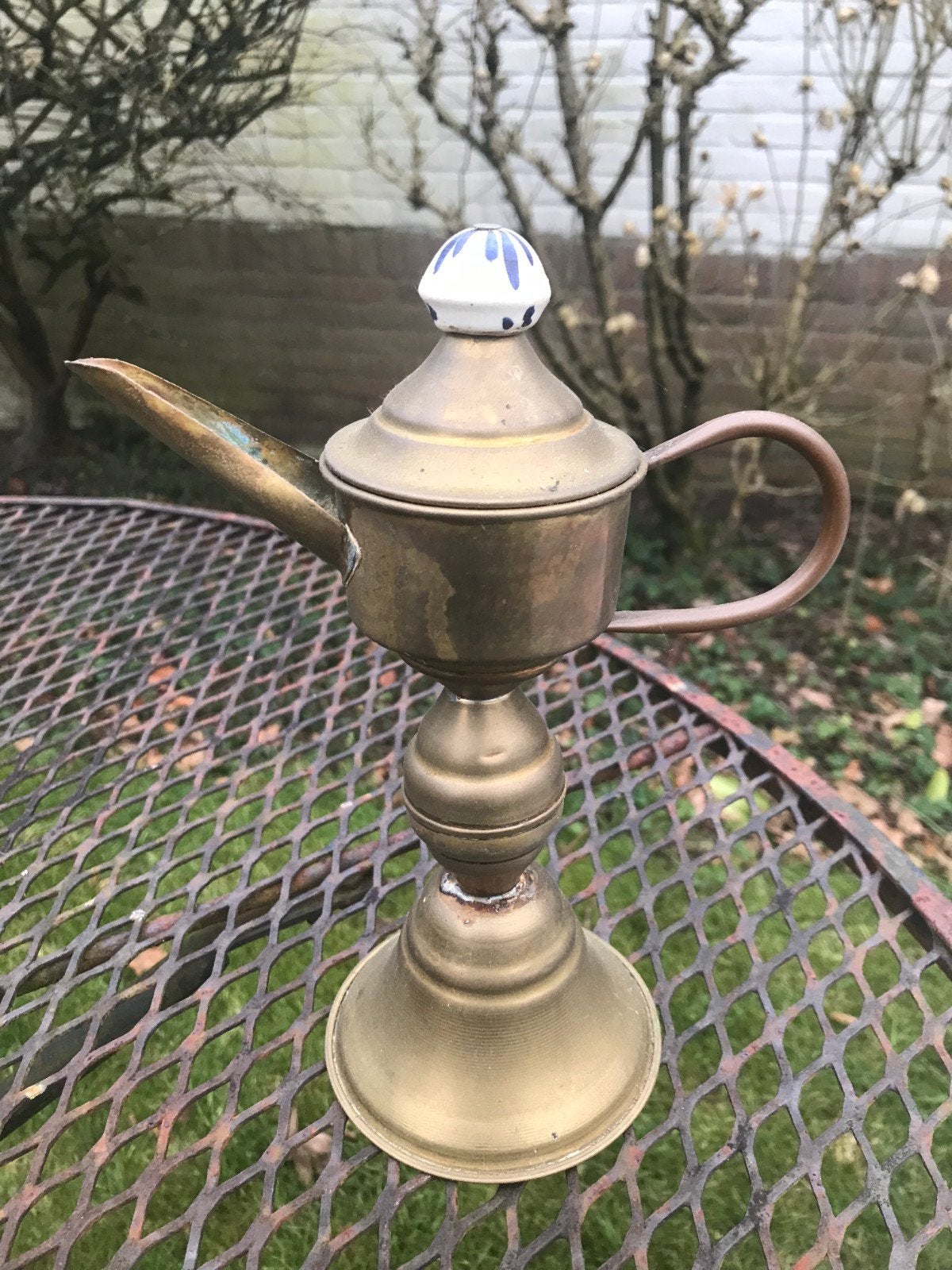 Antieke koperen olielamp met Delfts blauw knopje, Antiek en Kunst, Ophalen