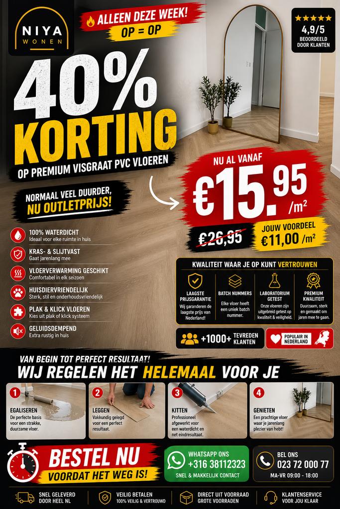 Visgraat PVC Vloer - 40% Korting - Waterdicht & Slijtvast, Kunststof, 50 tot 150 cm, Overige typen, Nieuw