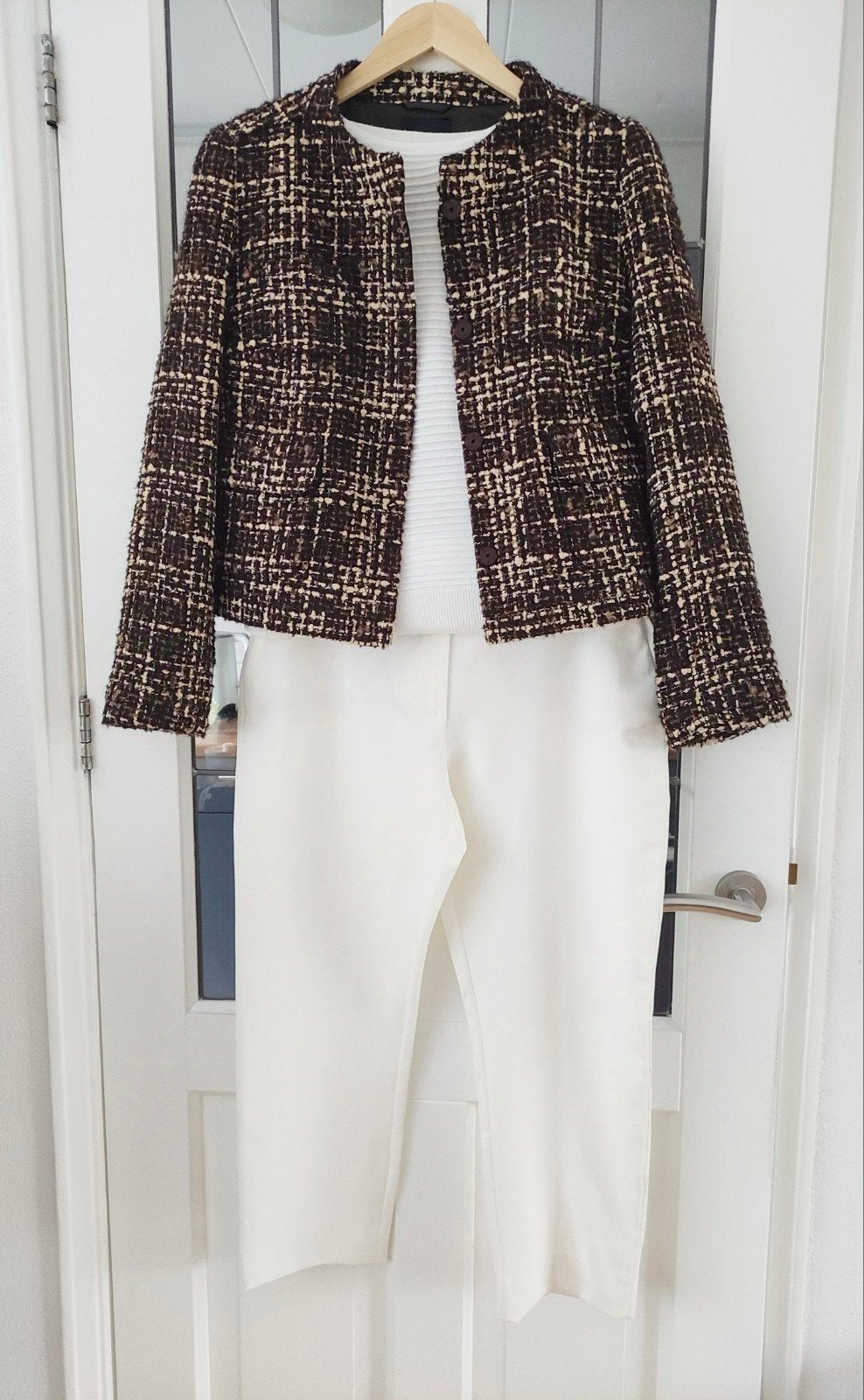 Natan Bouclé Tweed Blazer & Witte 7/8 Pantalon Set, Maat 38/40 (M), Gedragen, Natan, Meerkleurig