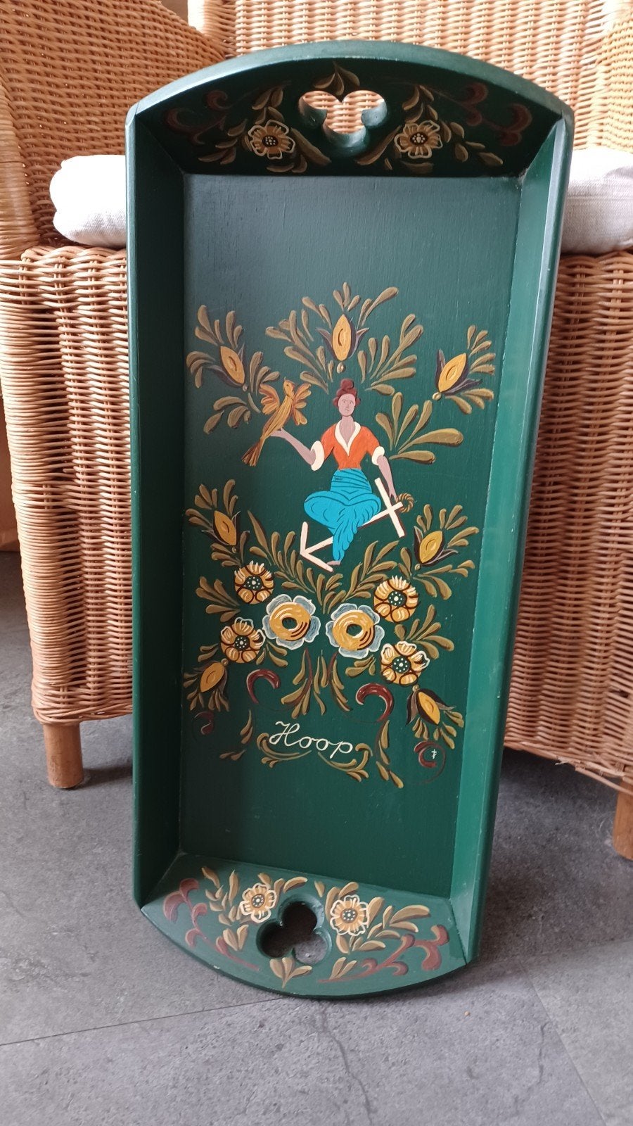 Antiek houten dienblad / mangelbak met handgeschilderde deco, Ophalen of Verzenden