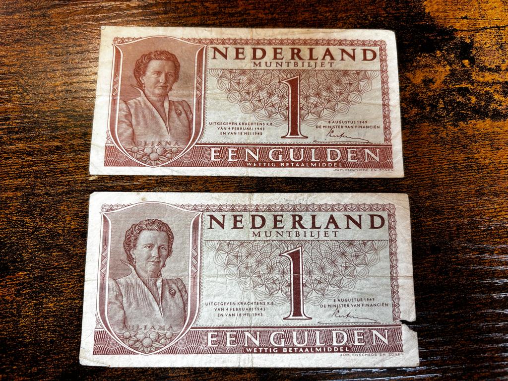 1 Gulden Muntbiljet 1949 (2x), Ophalen of Verzenden, Overige landen, 50 euro, Setje