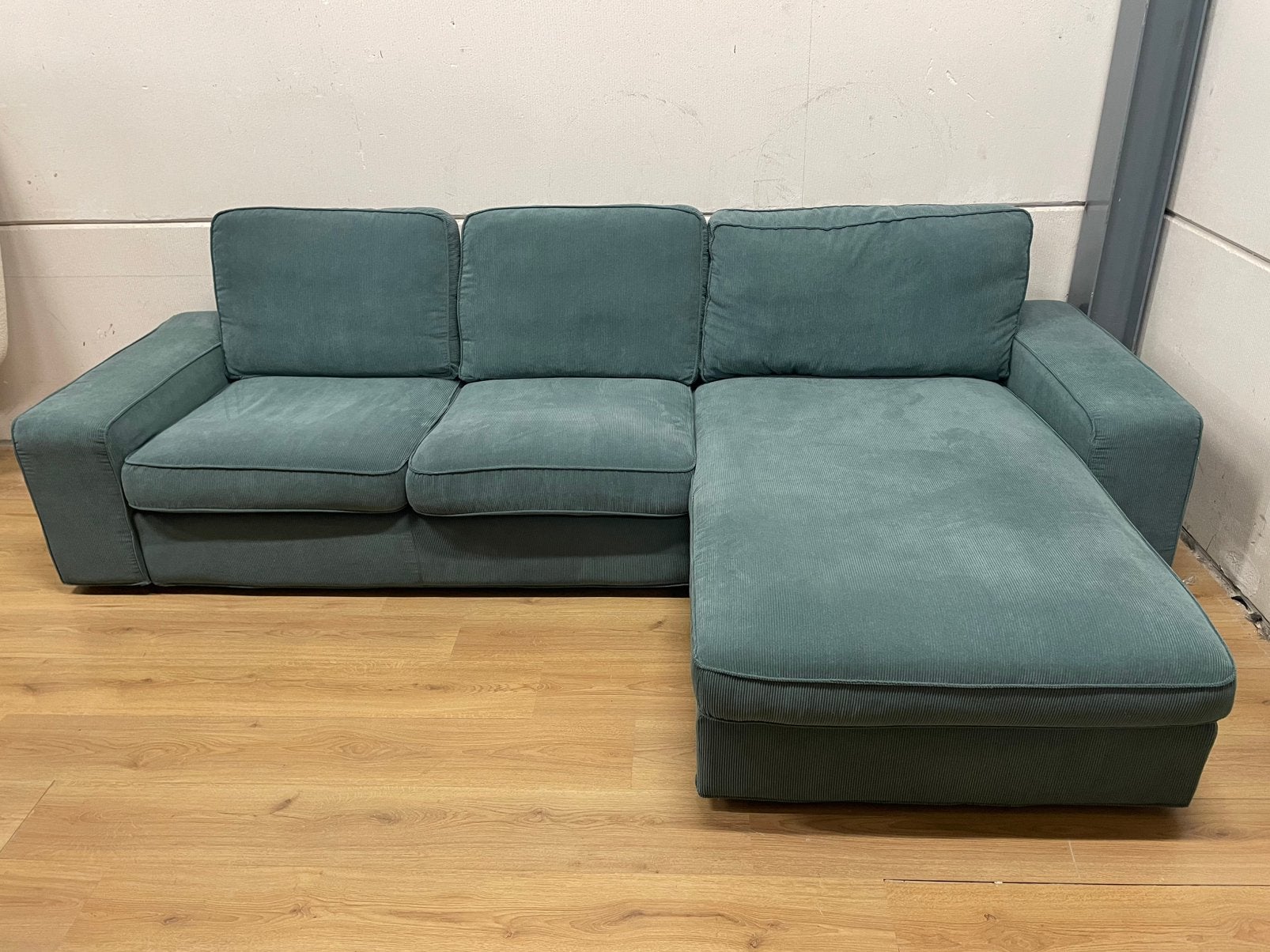 Mooie luxe groene ribstof hoekbank chaise longue - GEREINIGD