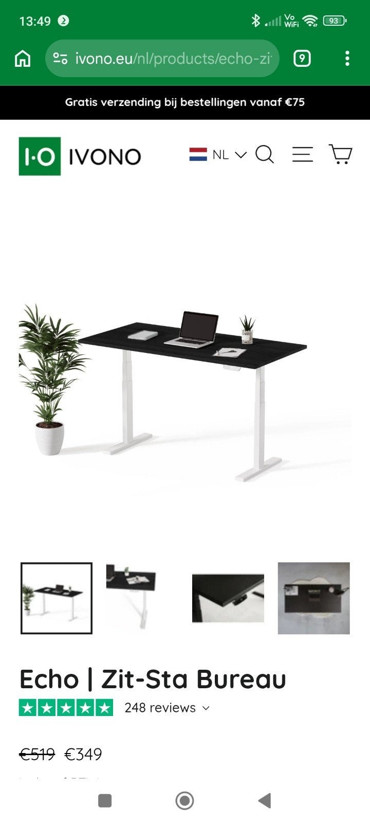NIEUW Echo Elektrisch Zit-Sta Bureau - Zwart Eco, Ophalen, Hout, Nieuw, Overige merken