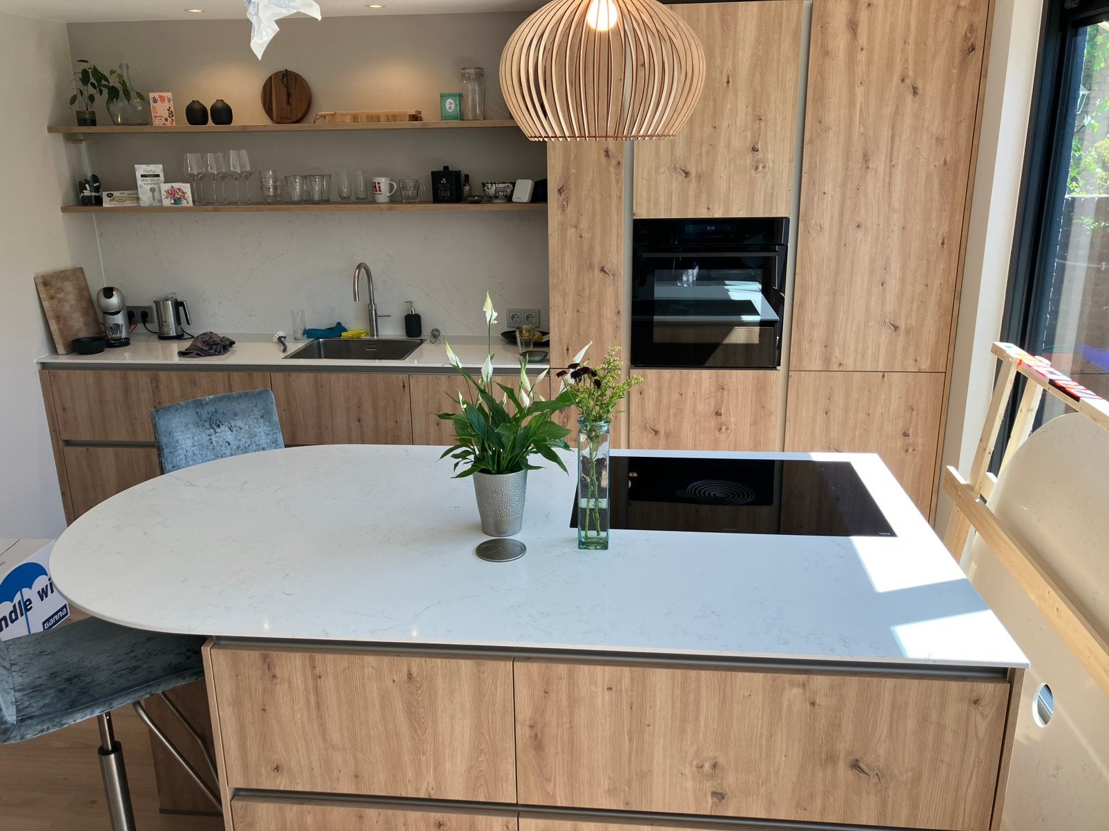 Werkblad keukeneiland halfrond composiet wit marmer 209x110, Huis en Inrichting, Keuken | Keukenelementen, Ophalen, 75 cm of meer