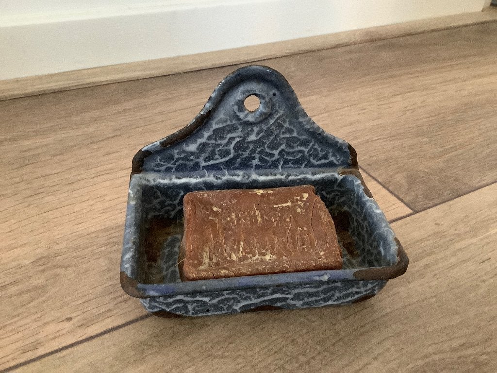 Vintage geëmailleerde zeepbakje - blauw gespikkeld, Verzamelen, Ophalen of Verzenden, Huis en Inrichting