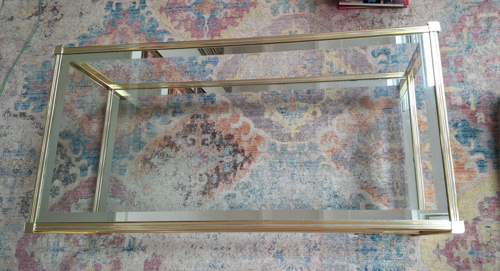 Vintage Pierre Vandel salontafel - Messing & Glas, Huis en Inrichting, Gebruikt, 100 tot 150 cm, Vintage, Hollywood Regency, Glas