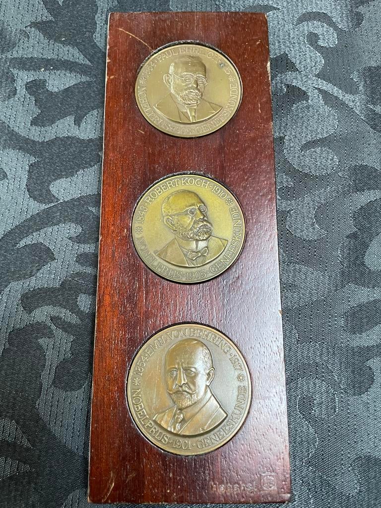 Hoechst set bronzen Nobelprijs penningen, in houten cassette, Ophalen of Verzenden, Brons