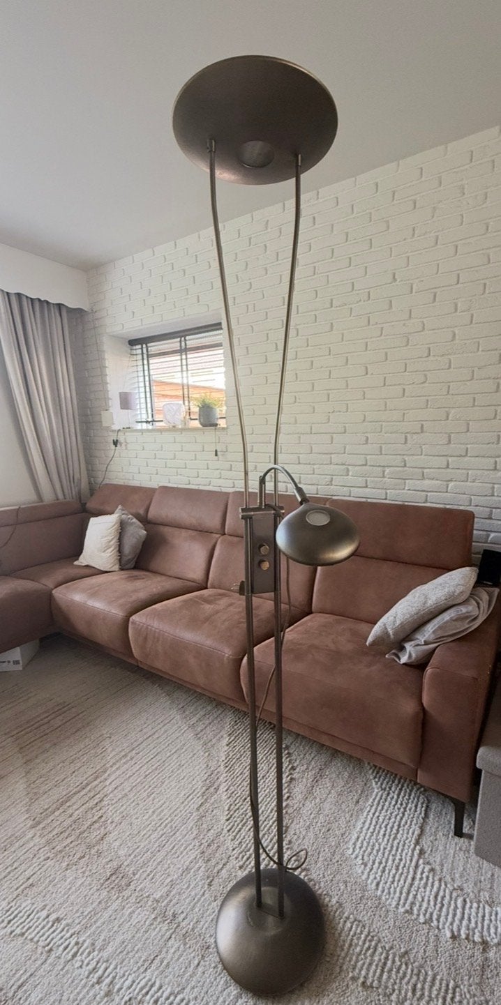 Stijlvolle bronzen vloerlamp met leeslamp, Huis en Inrichting, Lampen | Vloerlampen, Ophalen, Gebruikt, E27 (groot), Metaal