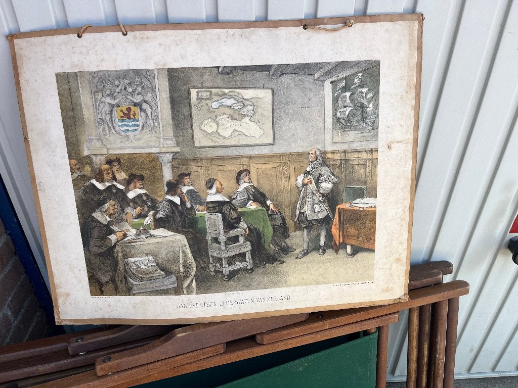 Schoolplaat Jan Evertsen in de Staten van Zeeland, Antiek en Kunst, Antiek | Schoolplaten, Ophalen of Verzenden, Aardrijkskunde