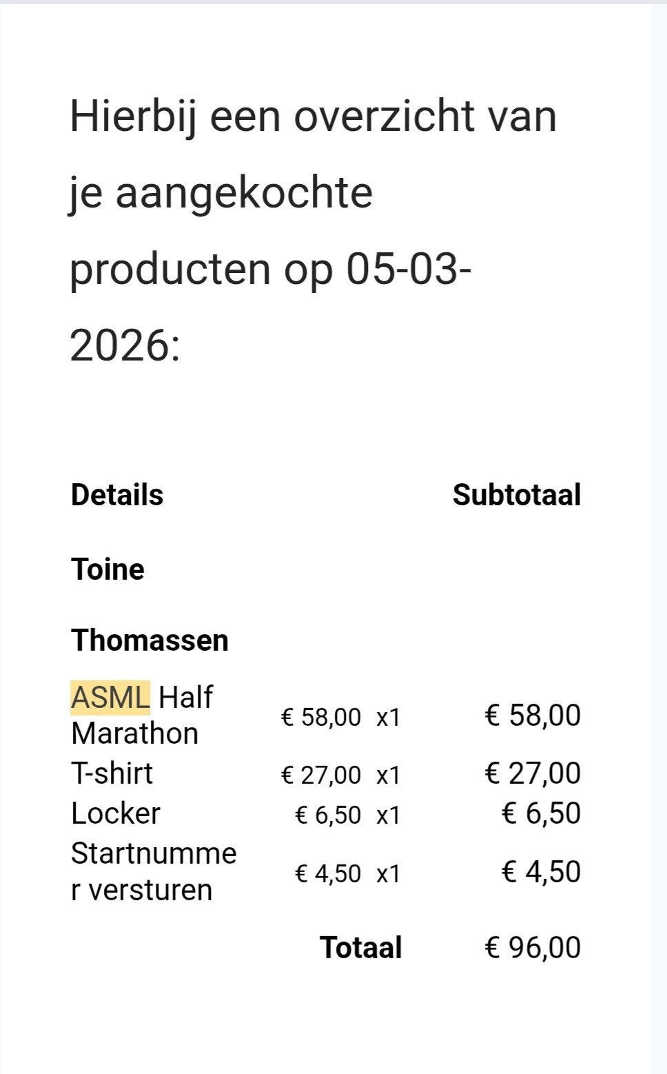 ASML Halve Marathon 2026, Eén persoon, Oktober