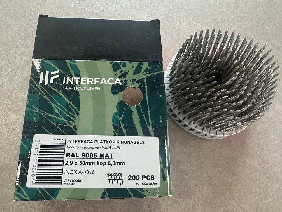 Interfaca platkop ringnagels RVS A4/316 2.9x50mm RAL 9005, Ophalen, 50 tot 100 mm, Nieuw, Spijkers