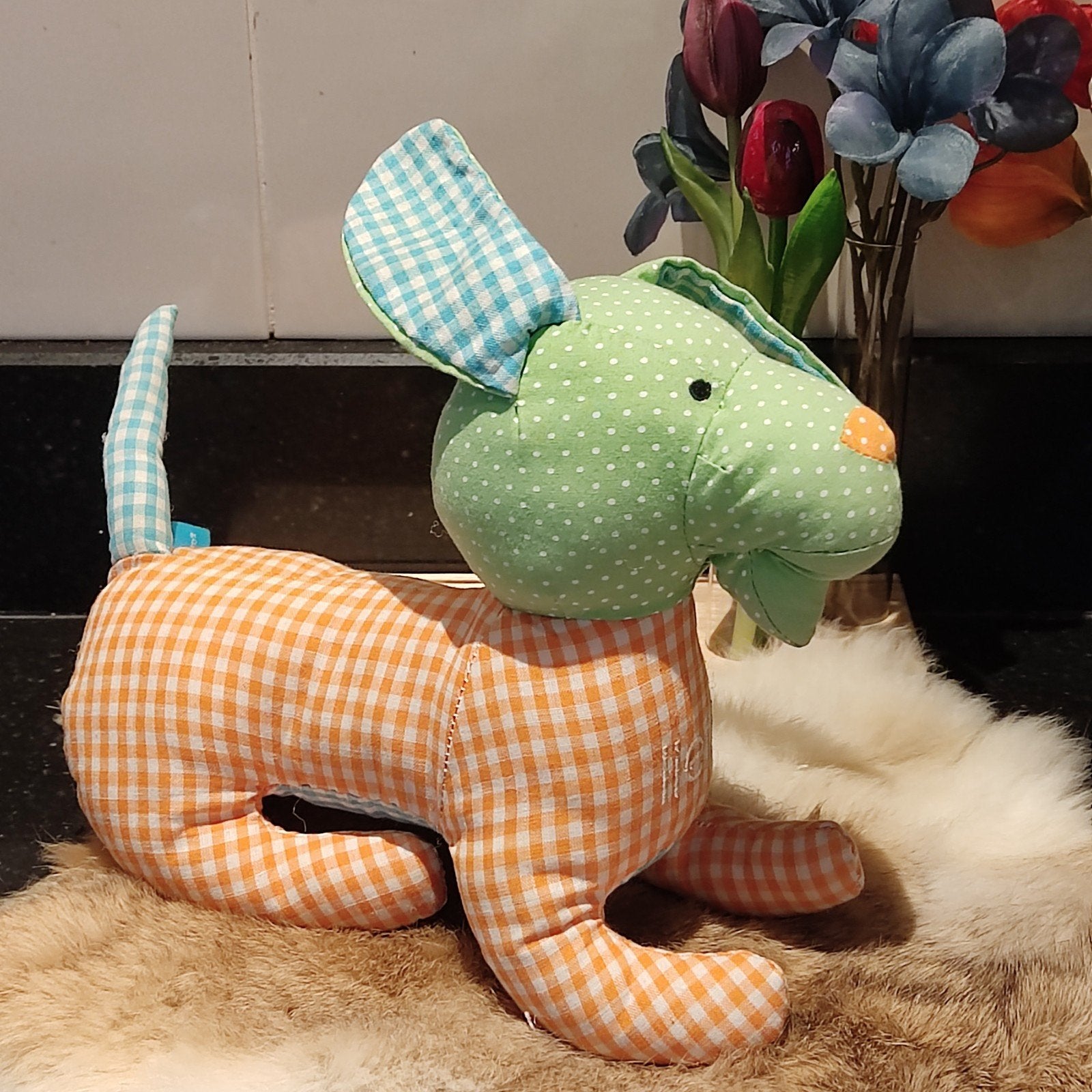 Lief! Hond knuffel groen/oranje geruit met stippen, Groen, Overige merken, Overige karakters, Middelgroot (20 tot 80 cm)