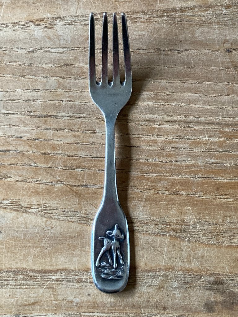 Vintage Lutz & Weiss verzilverd kindervorkje hertje, Antiek en Kunst, Antiek | Bestek, Ophalen of Verzenden