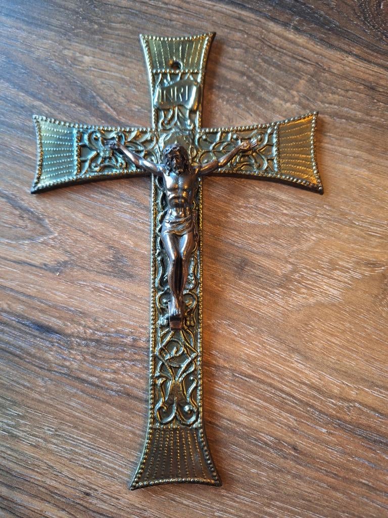 Metalen Kruis met Jezusbeeldje - 22x14cm, Antiek en Kunst, Ophalen of Verzenden