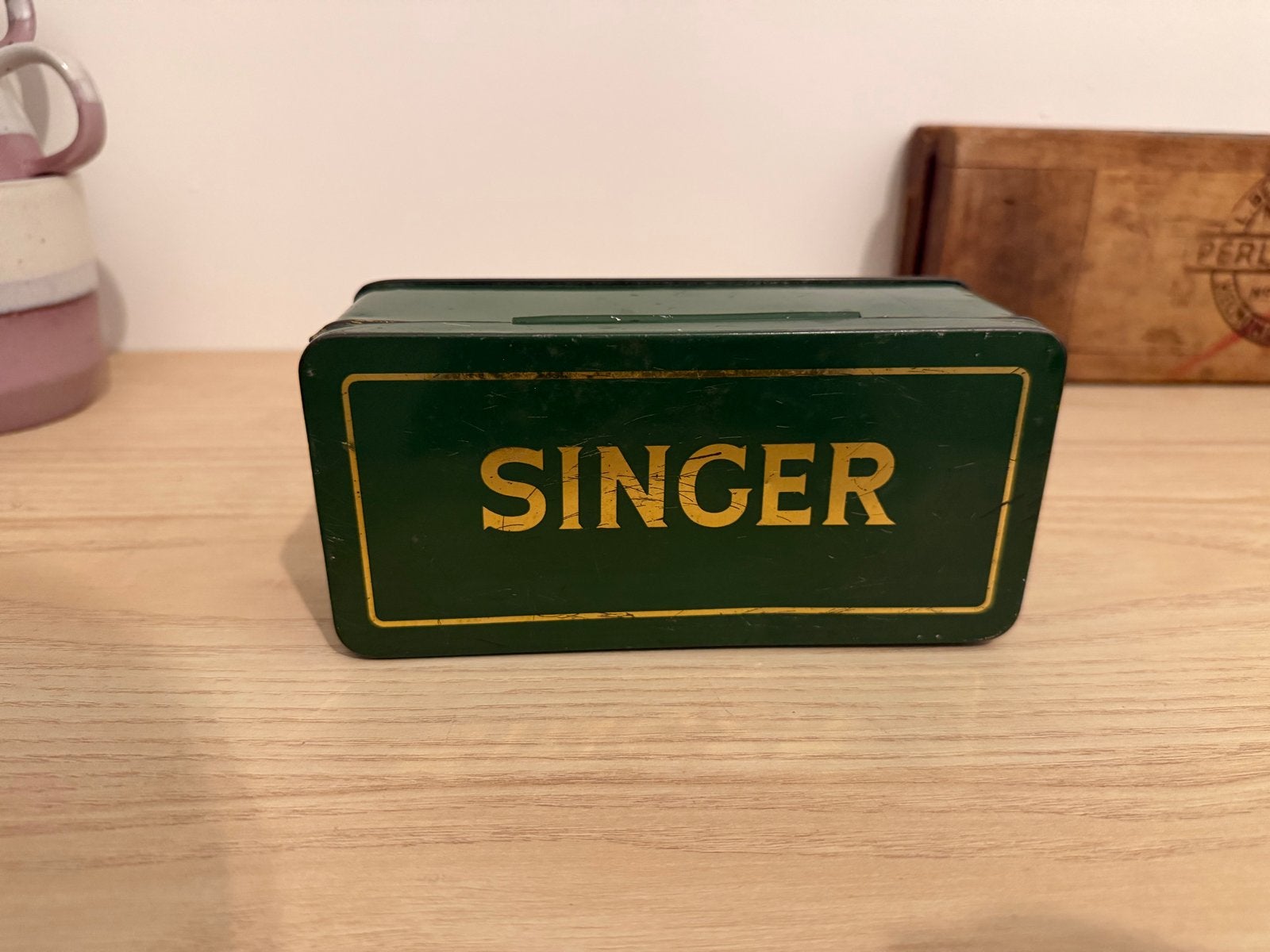 Vintage Singer naaidoosje/spaarpot groen metaal, Ophalen of Verzenden