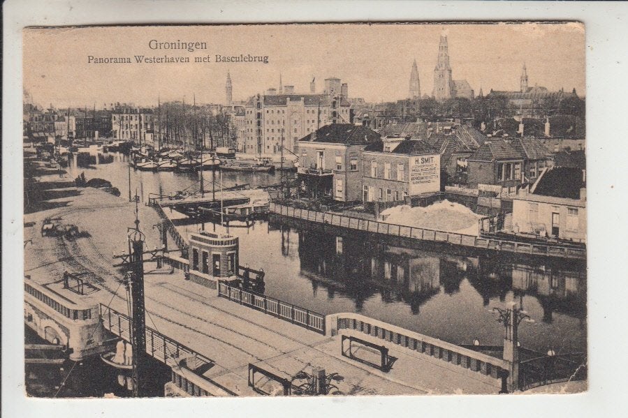 Groningen, Panorama Westerhaven en Basculebrug, Ophalen of Verzenden, 1920 tot 1940, Gelopen, Groningen