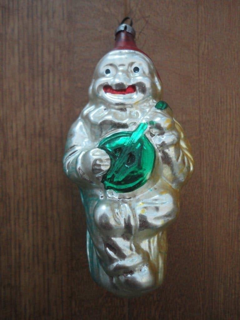 Mooie oude glazen kerstbal clown met een banjo / gitaar, Diversen, Kerst, Ophalen of Verzenden, Gebruikt