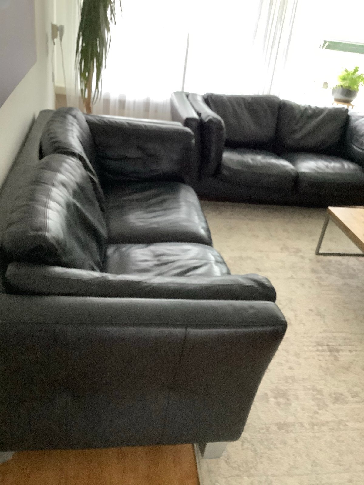 Zwarte Leren Hoekbank met Tweezitsbank en Fauteuil, Huis en Inrichting, Banken | Bankstellen, Ophalen, Gebruikt, Hoekbank, 300 cm of meer