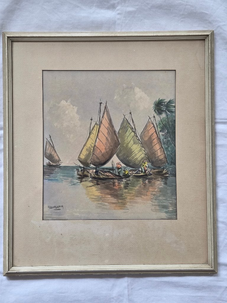 Aquarel 11: Dedy Suratin, aquarel met vlerkprauwen Indonesië, Maritiem / water, Ingelijst, Realistisch, Ophalen of Verzenden
