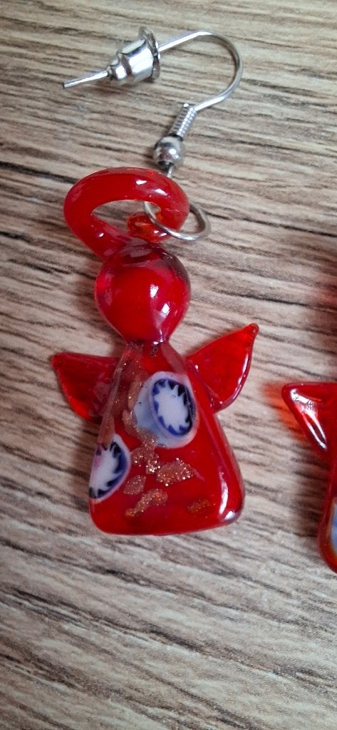 Rode glazen engeltjes oorbellen Murano Millefiori stijl, Overige materialen, Hangers, Onbekend, Ophalen of Verzenden