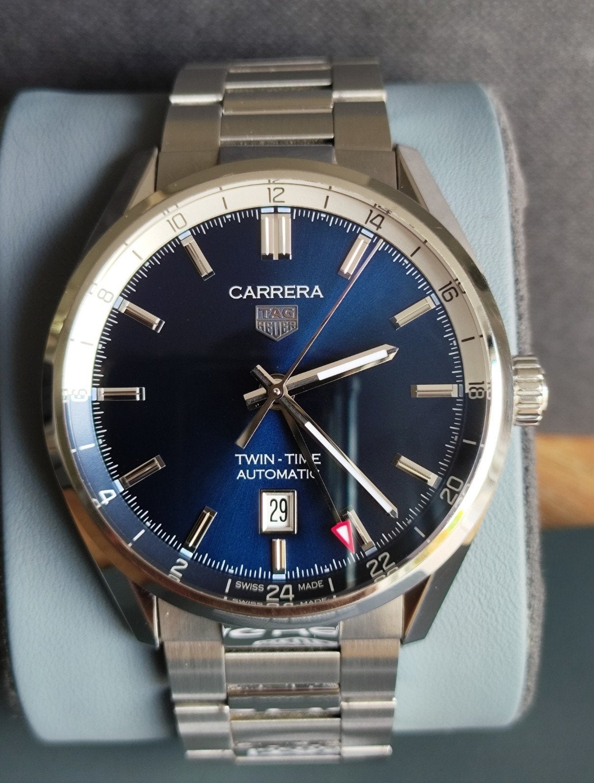 T.K. i.nw.st. 1 Tag Heuer Carrera Twin Time (GMT) van 2022., Staal, Staal, Polshorloge, Ophalen of Verzenden