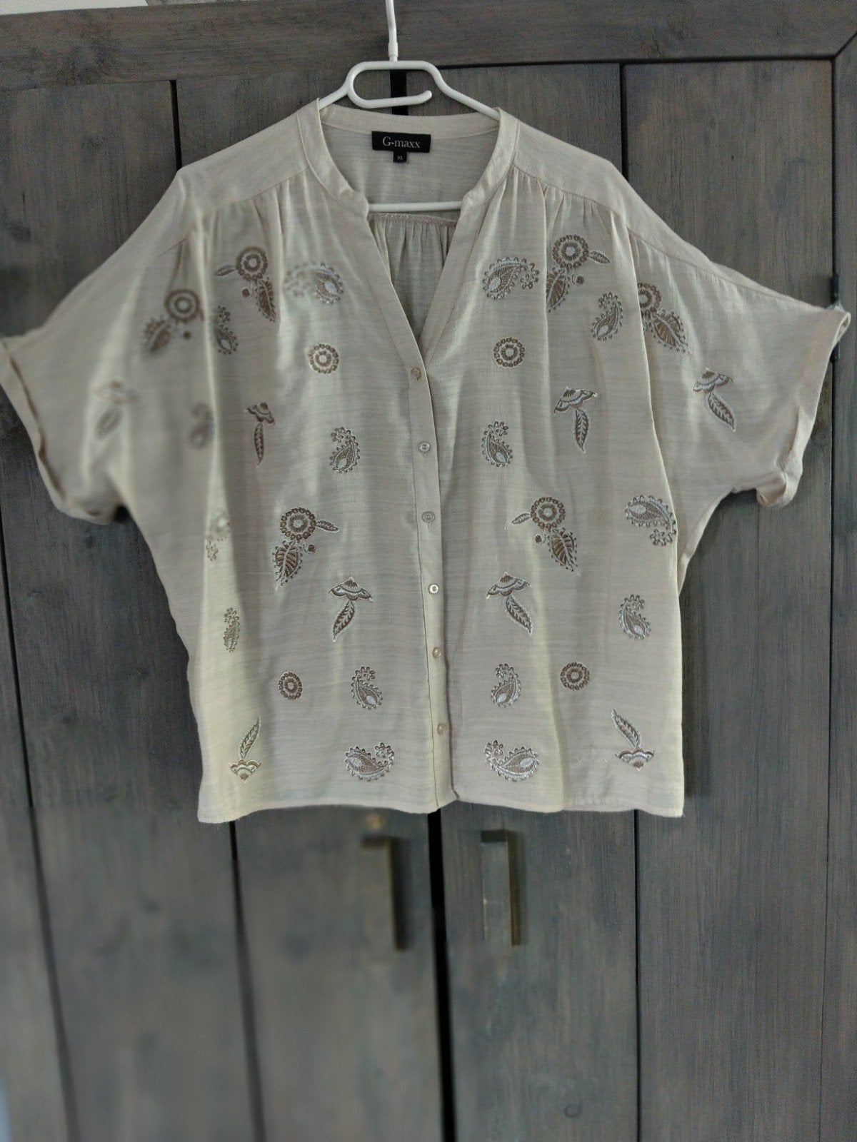 Taupe blouse G-Max met goudkleurige figuurtjes - Maat XL, Ophalen of Verzenden
