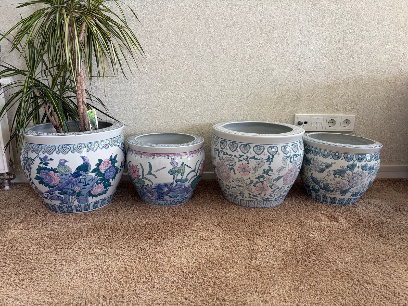 Set van 4 Chinese vazen/plantenbakken, Huis en Inrichting, Woonaccessoires | Vazen, Gebruikt, Meerkleurig, Steen/keramiek, Handgemaakt