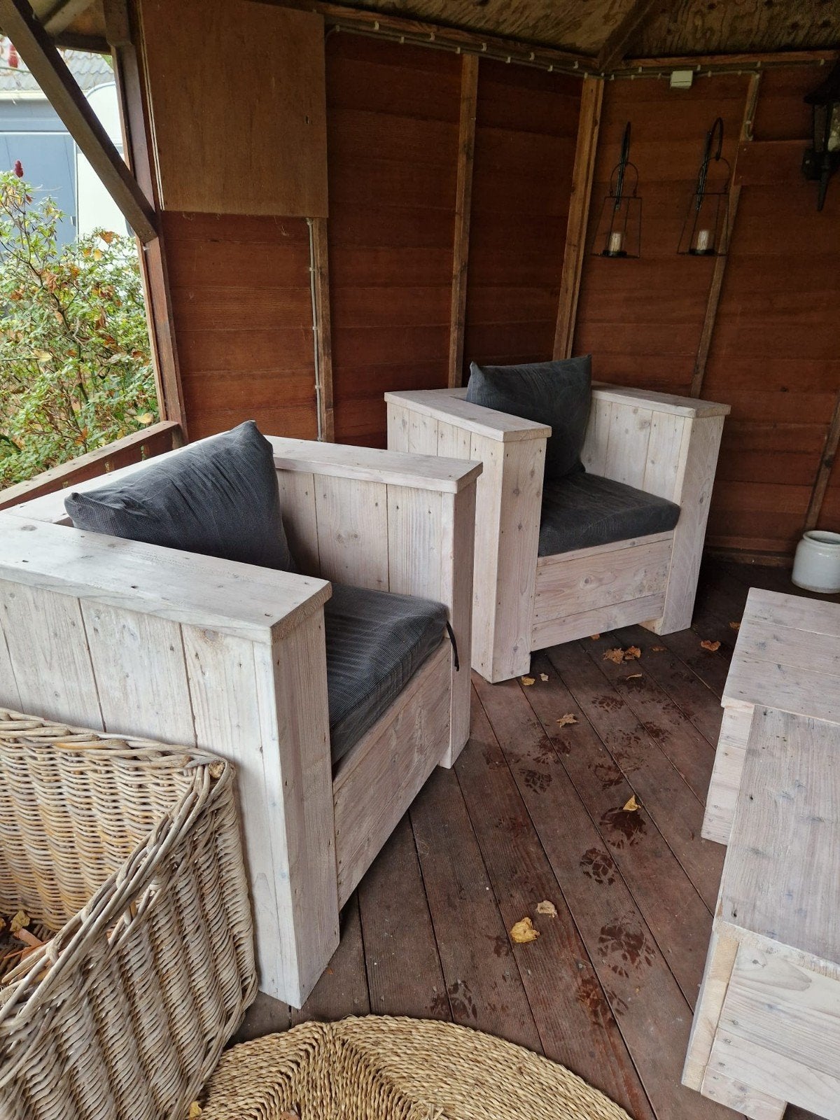 Houten tuinset: bank en 2 stoelen met kussens, Ophalen, Hout