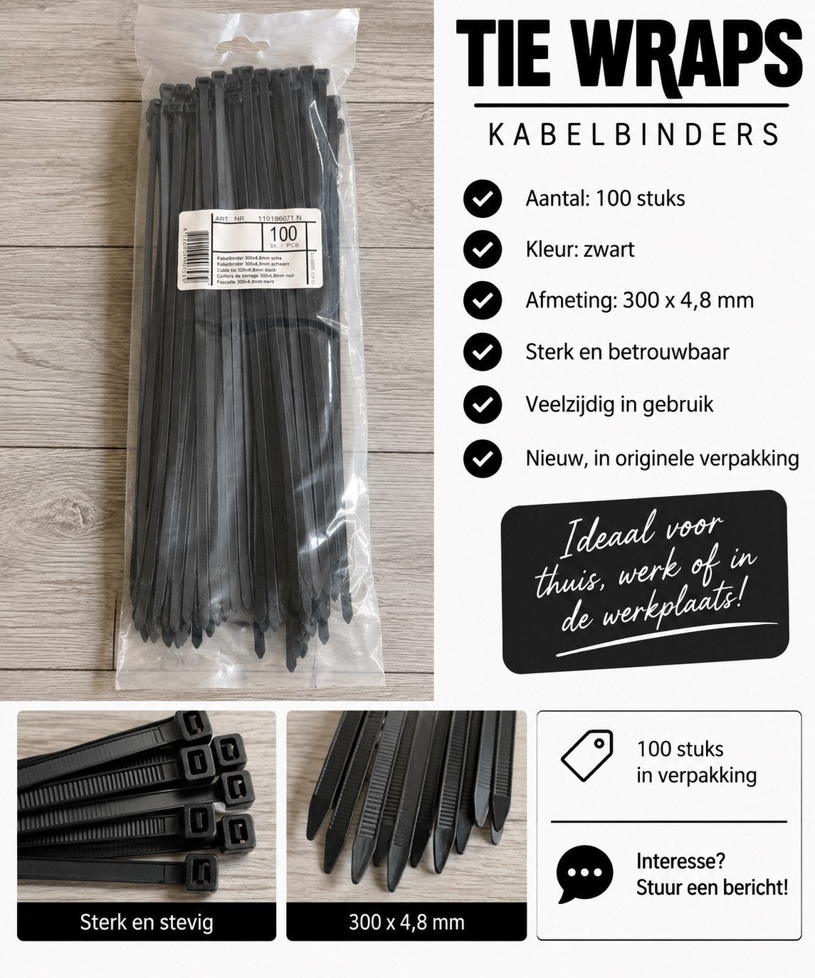 Tie Wraps Kabelbinders Zwart 300x4,8mm - 100 Stuks, Ophalen of Verzenden, Overige typen