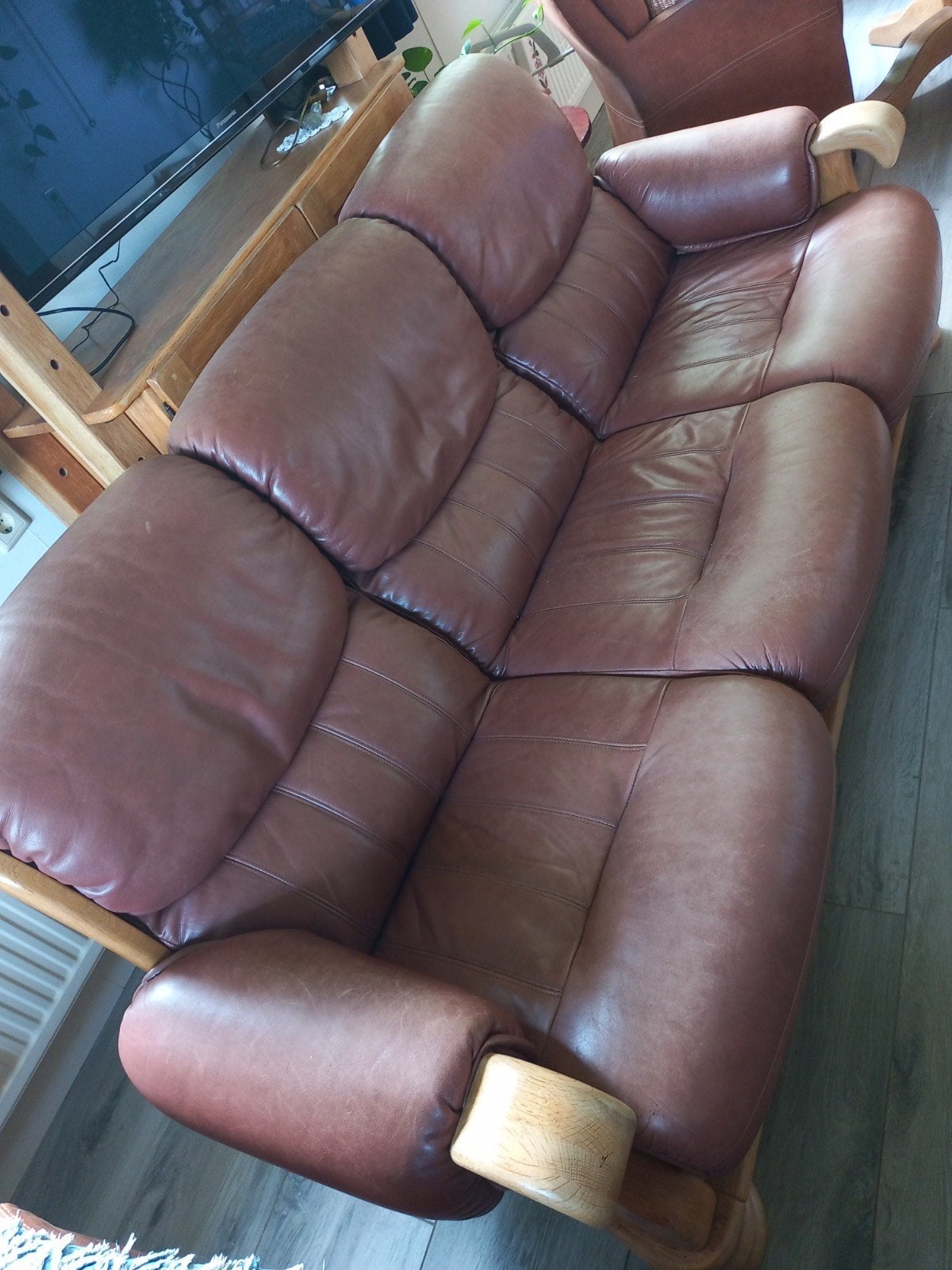 3 zits Leren bank met houten frame, Huis en Inrichting, Ophalen, Gebruikt, Klassiek, Driepersoons